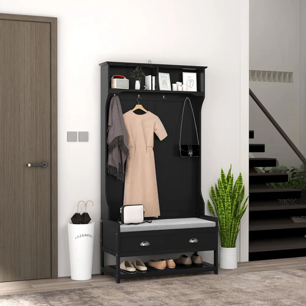 

3-in-1 Hall Tree, Entryway Bench with Coat Rack, Mudroom Bench with Shoe Rack, 2 Storage Drawers, 4 Hooks and Padded Seat