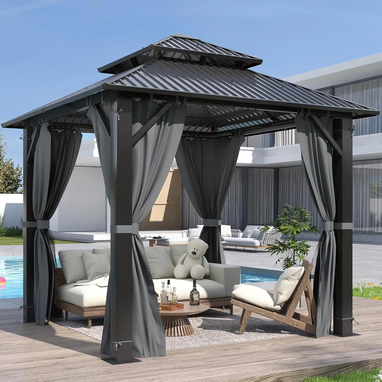 8x8FT Outdoor Hardtop Gazebo Double Roof Aluminum Steel Top Breathable Netting Privacy Curtain Garden Backyard, Customized