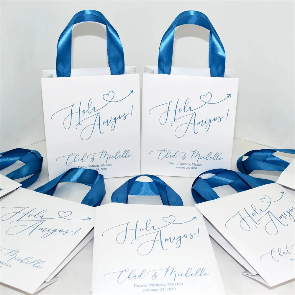 Destination Wedding Welcome Bags with satin ribbon handles. Tropical wedding favor. Elegant Rose Gold Personalized gifts for gue