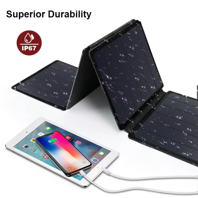 21W 6-Fold Portable Solar Panel USB-C PD3.0 Powered Charger Camping Flashlight Compass Carabiner for Emergency Energy