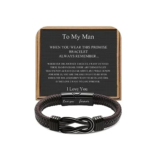 Brown Braided Leather Stainless Steel Infinity Bracelet Letter Love Forever Gift for Son Grandson Husband Boy Linked Together