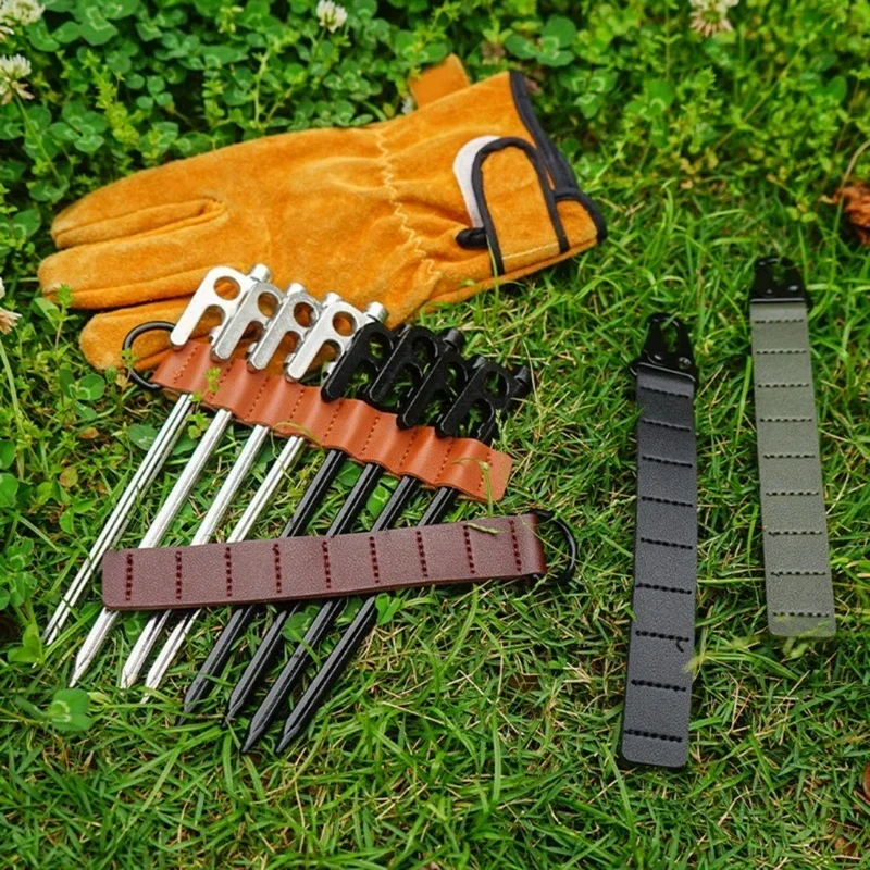 8-Hole Ground Nails Storage Chain Pu Leather Portable Tent Stakes Storage Bag Outdoor Camping Tent Pegs Organizer Bag