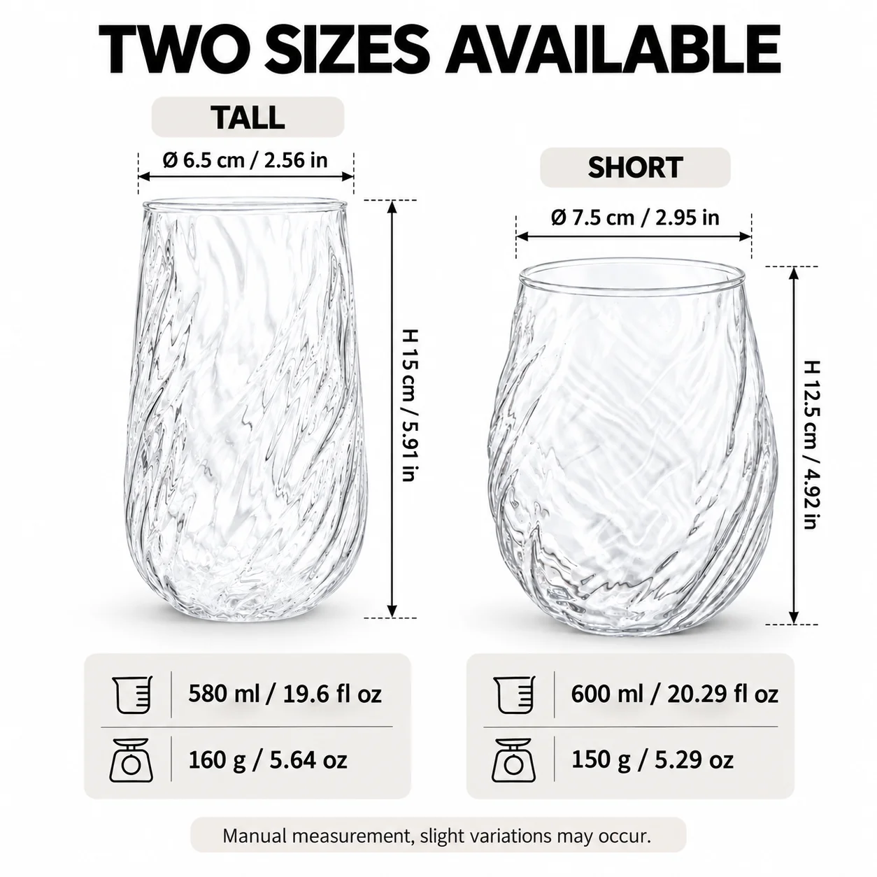 2/4PCS 580ML Clear High Borosilicate Glass Tumblers Spiral Textured Drinking Glasses for Iced Coffee Juice Water and Cocktails