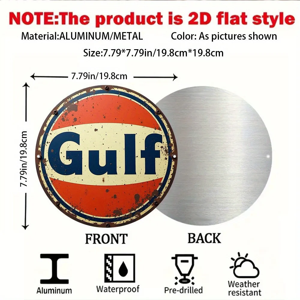 [2D Flat] Vintage Gulf Car Logo Aluminum Sign - Durable Indoor/Outdoor Wall Art Decoration for Home, Bar, Cafe, Garage - Rustic
