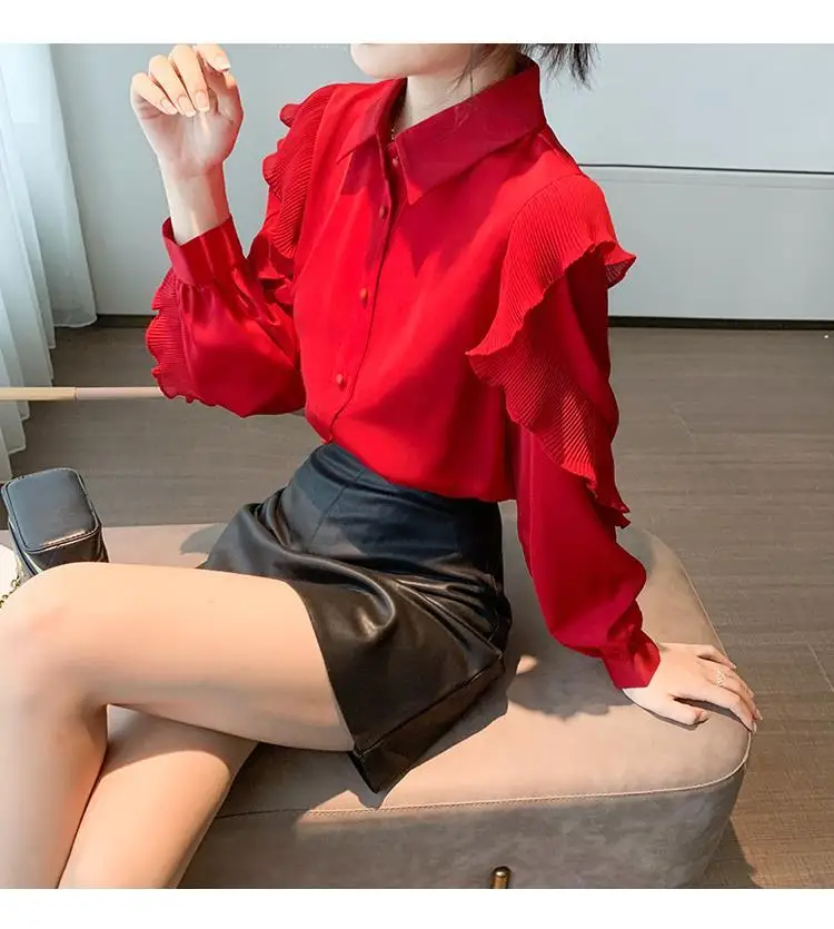 Red Spring Dress Chiffon Shirt Women\'s Wear 2024 New European Top Fashionable and Personalized European Product