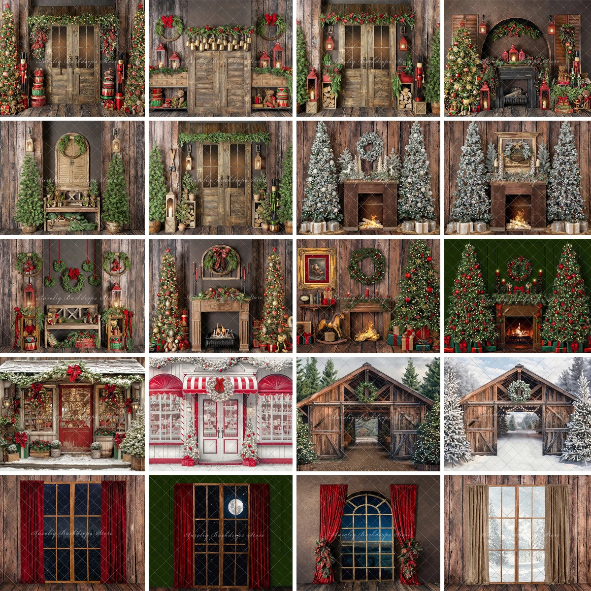 Christmas Backgrounds Kids Adult Photography Props Child Baby Snowy View Wooden House Fireplace Xmas Tree Decors Photo Backdrops