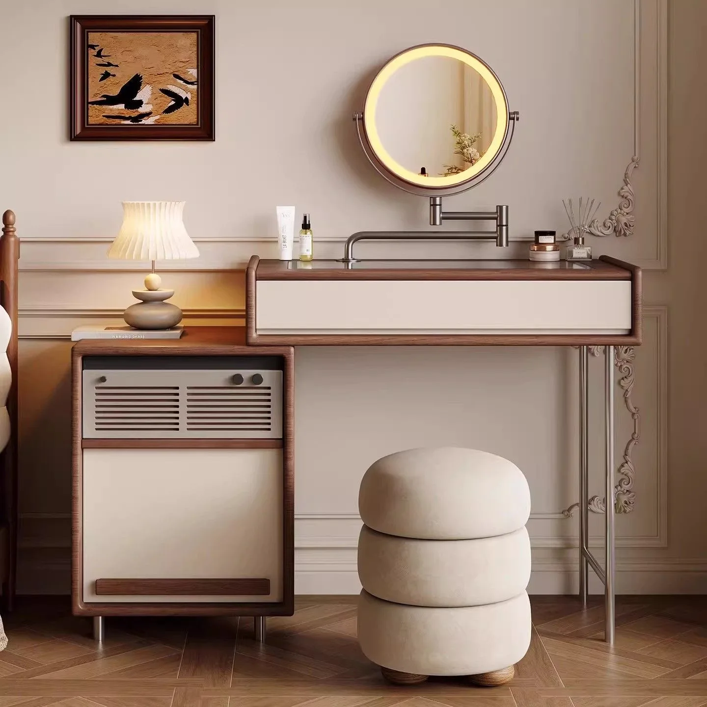 French Retro Dressing Table Chest Cherry Wood Storage Cabinet Small Apartment Bedroom Makeup Table Integrated Locker Furniture
