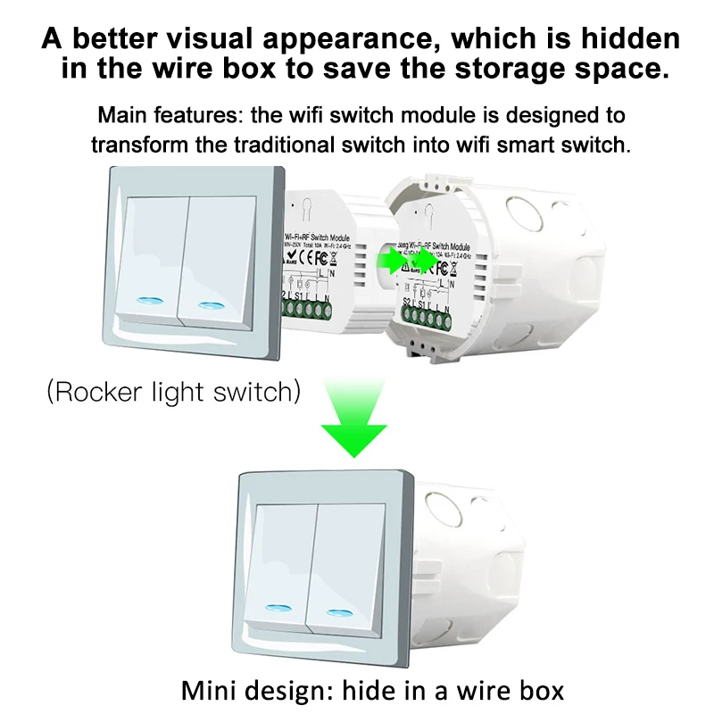 2 Gang DIY Smart WiFi Switch Module Relay, Tuya APP Suara Remote Control 1/2 Way Wall Switch Breaker Alexa Google Home