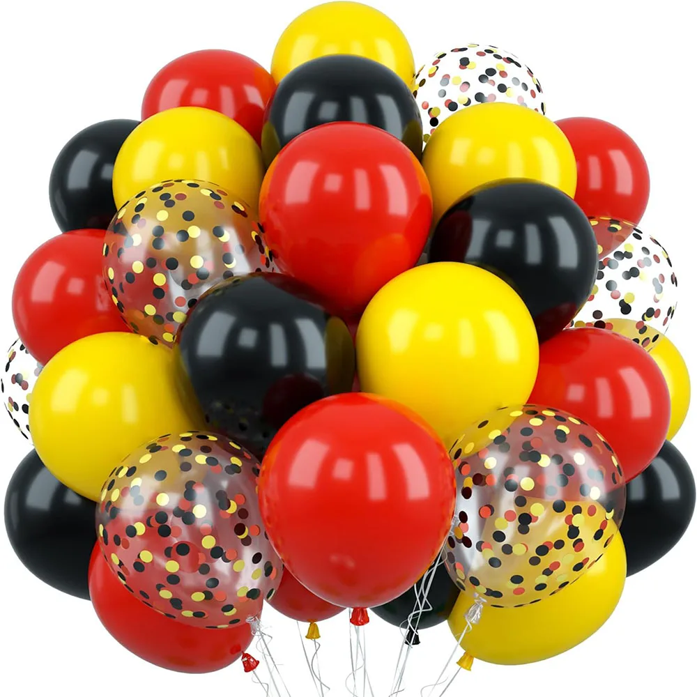 Globo rojo amarillo negro de 12 pulgadas (aproximadamente 30,5 cm), globo de fiesta de helio de color ratón, globo de látex amarillo rojo negro mate con globo de confeti de ratón de dibujos animados, adecuado para niños, suministros de decoración de carna