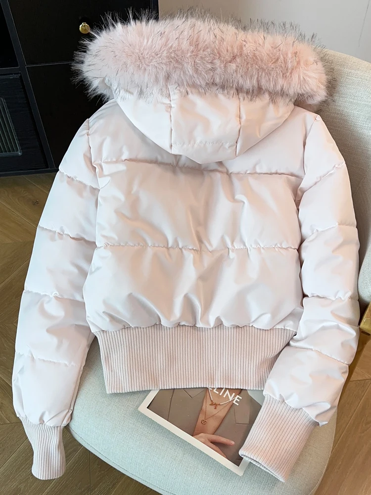 الوردي الحلو كبير الفراء طوق مقنعين سترة قطن المرأة شتاء جديد سليم أسفل القطن مبطن ملابس خارجية سميكة الدافئة سنوسويت #5