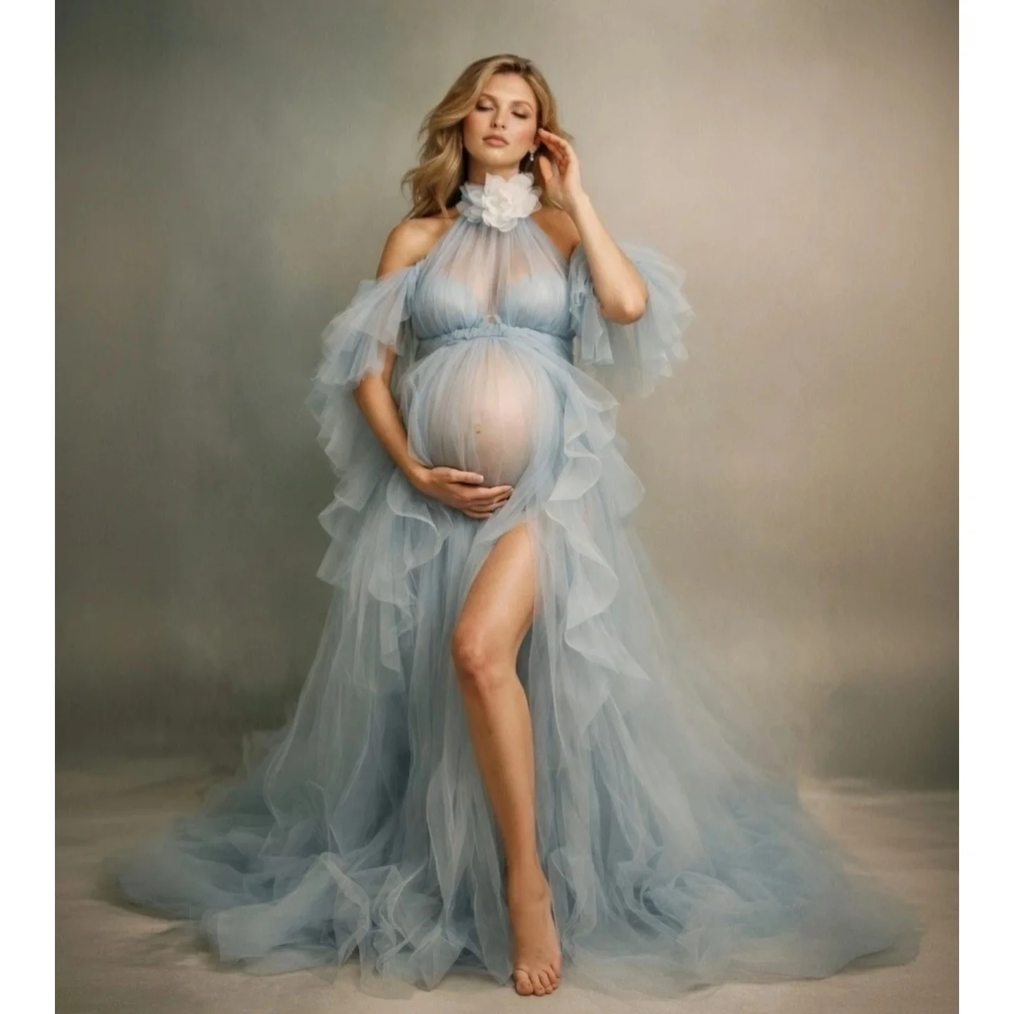 Sky Blue A Line Maternity Robes Halter Off Shoulder Pregnant Women Photo Shoot Dresses See Thru Customized Baby Shower Gowns