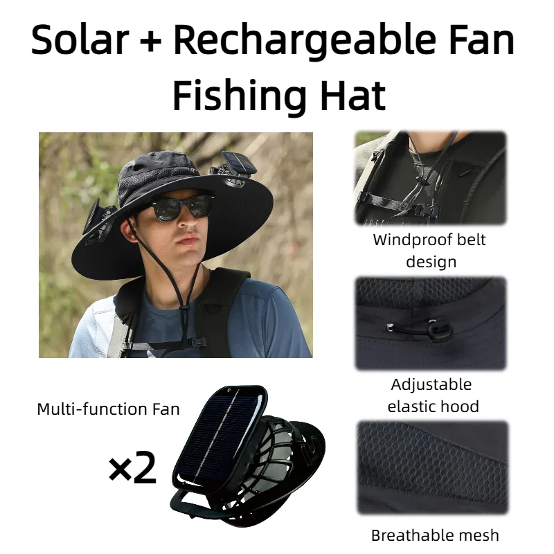 

Outdoor Summer Cooler Hat with Dual Fans & Solar Charging - Anti-UV Wide Brim Bucket Cap for Fisherman Hat Summer Cooler Sun Cap