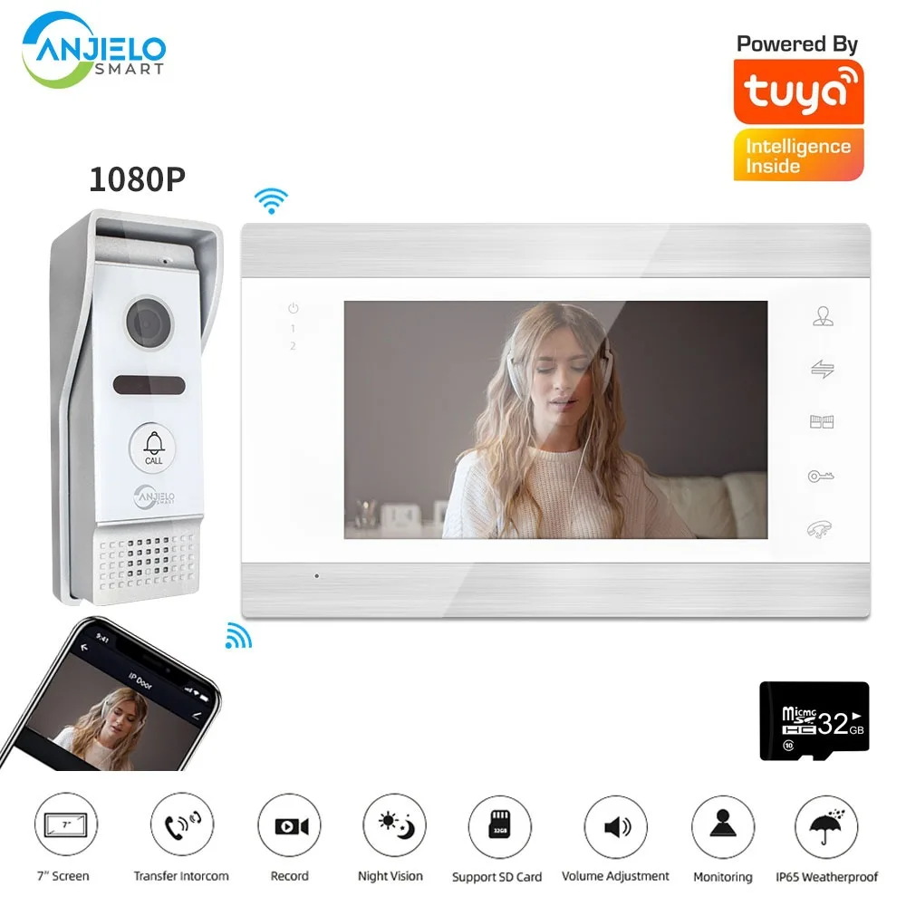 

ANJIELO SMART 7" 1080P Wired Video Doorbell, 4-Wire System, IP65 Waterproof, RFID Access, Night Vision, Multi-Monitor Support
