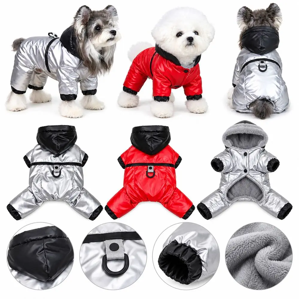 Glossy Finish Dog Winter Coat Hooded Leash Hole Four-Legged Dog Costume Padded Lining Zipper Closure Warm Dog Jacket