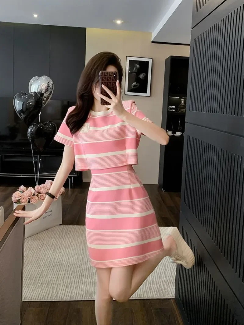 Women Summer Striped Dress Imitation Two-piece Set Sweet Chic Dress T-shirt Style Short Skirts Pink Dress Cottagecore Clothes