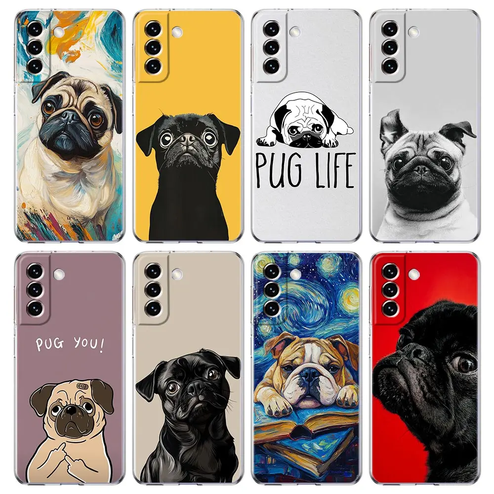 Capa de telefone para samsung galaxy s25 s24 s23 fe s22 ultra s20 s21 5g s10 plus s10e capa transparente macia animal pug preto perto