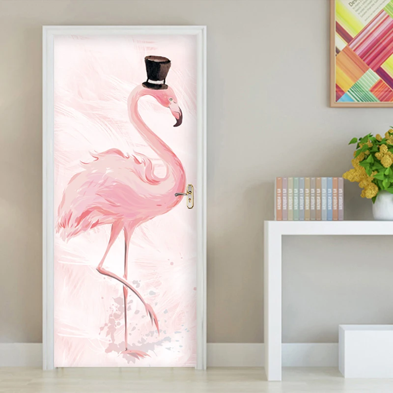 Autocollant de porte flamant rose tropical, affiche, salon, chambre à coucher, PVC, auto-adhésif, étanche, papier peint, créatif, décor de porte, décalcomanie