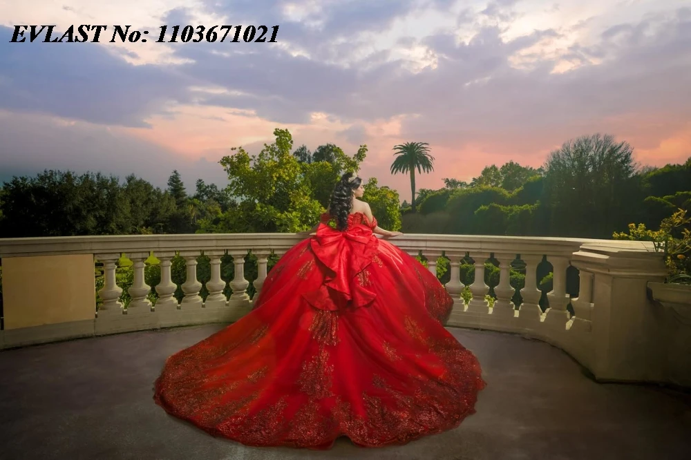 EVLAST Personalizado Vermelho Brilhante Lantejoulas Quinceanera Vestido Appliqued Renda Frisado Arco Vestido de Baile Doce 16 Vestidos De 15 Anos SQ726