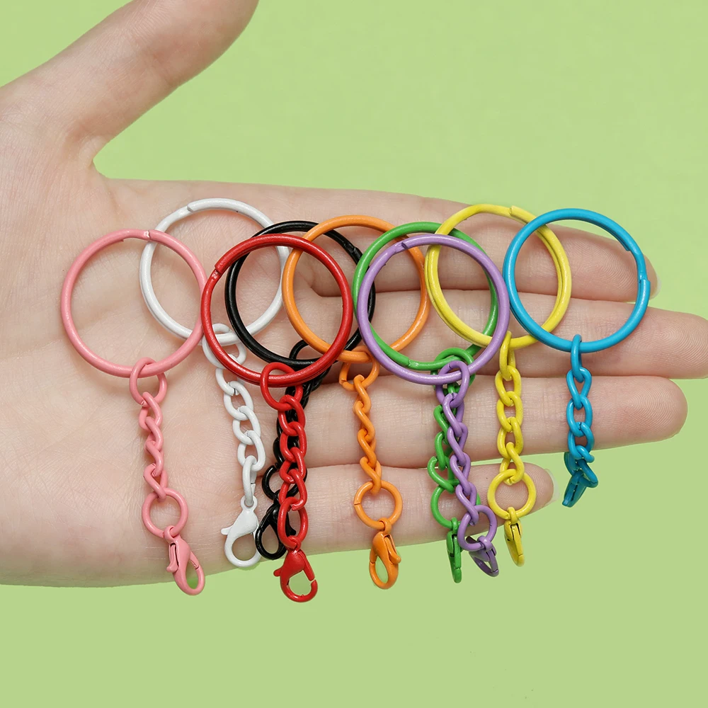 10pcs 25mm Colored Keyrings With Chains Lobster Clasps For DIY Jewelry Making Key Ring Connector Hooks Bags Buckle Accessories