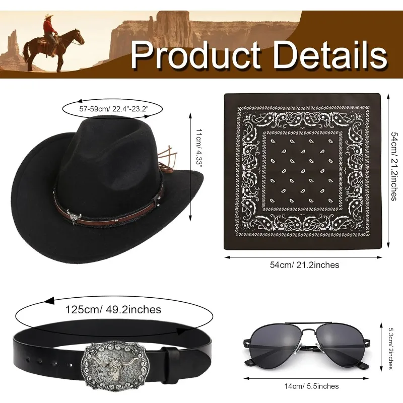 Cowboy-Kostüm-Outfit für Männer und Frauen, Western-Cowboyhut, Bolo-Krawatte, Schnalle, Gürtel, Zubehör-Set für Halloween, Cosplay, Party, Disfraz