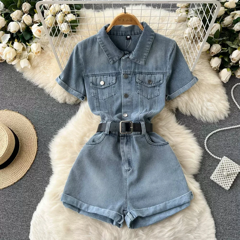 

Women Denim Playsuit Summer's New High-waisted Slimming Waist Wide Legs Turn-down Collar Playsuits For Women