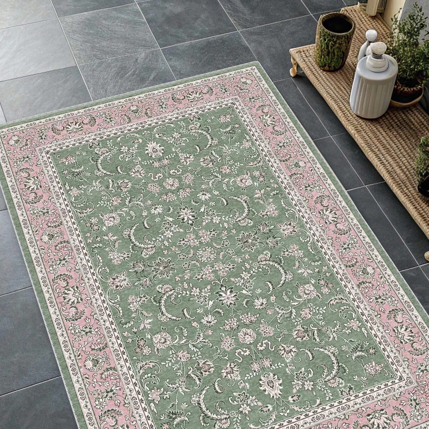 Sage Green and Pink Carpet, Shabby Chic Floral Pattern Ushak Carpet, Modern Bohemian Style, Soft Neutral Tones.