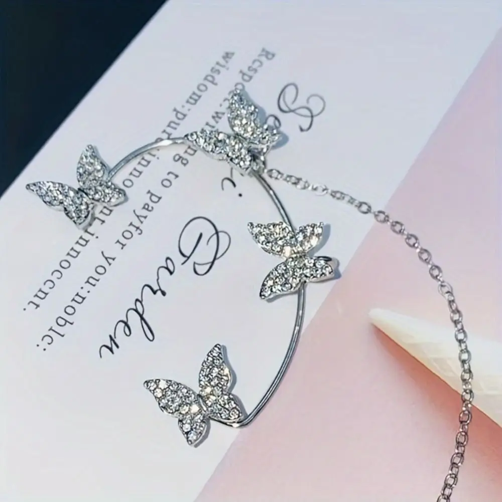 スノーフレークラインストーンバタフライイヤーフック、イヤーハンギングチェーン、アンチロストイヤーデコレーション、保護、合金、1ペア