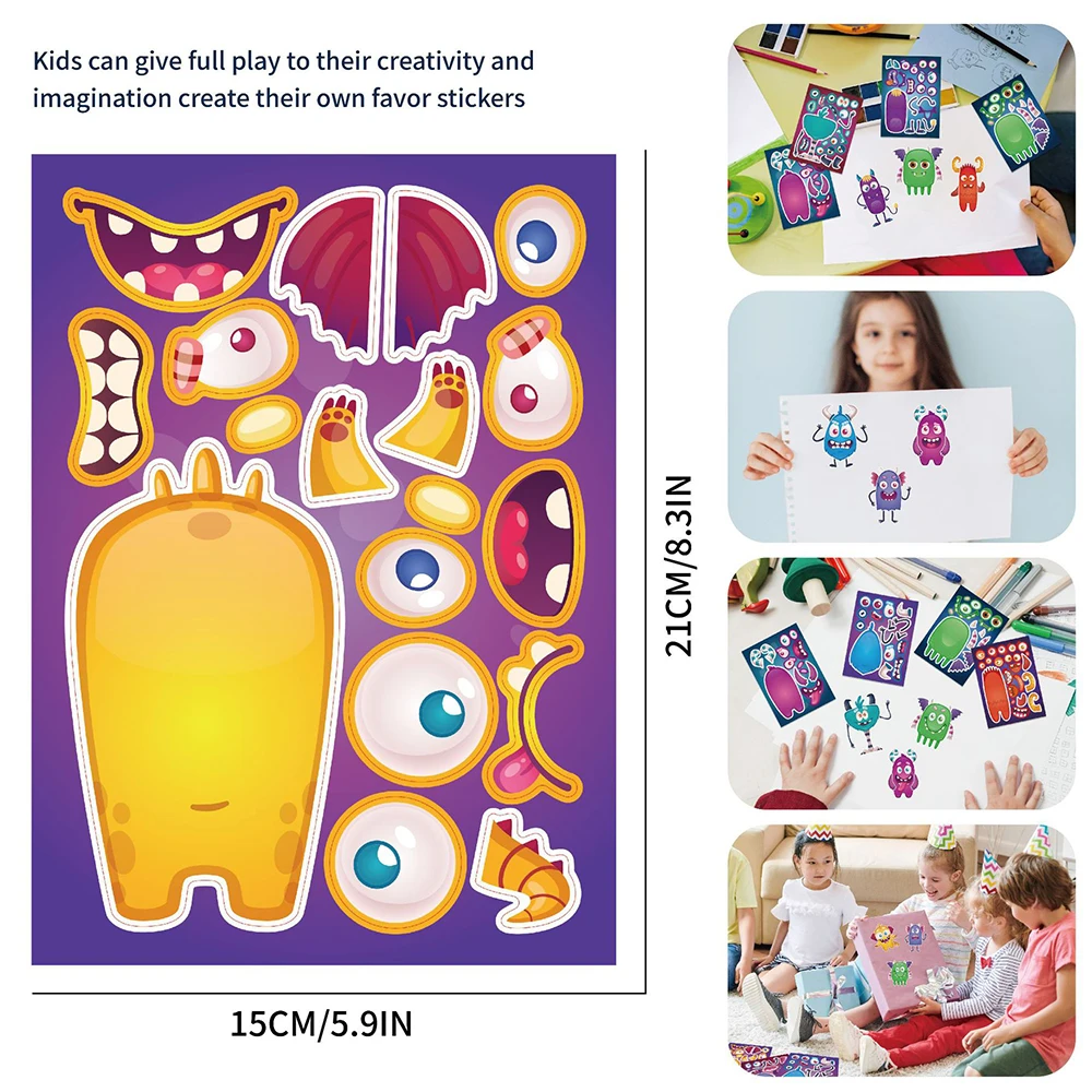 8/16Sheets Cute Monster Stickers Puzzle For Kids Make a Face Halloween Cartoon Decoration Children DIY Assemble Jigsaw Funny Toy