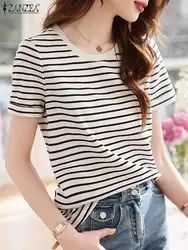 2024 ZANZEA Women Elegant O Neck Short Sleeve Tops Korean Fashion Summer Striped Blouse Stylish Work Shirt Casual Blusas Chemise