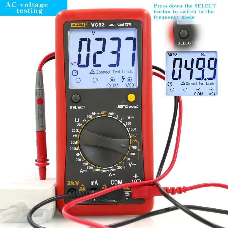 SZBJ VC92 Digital Multimeter Large Screen Display, Measures Phase-to-Phase Voltage, 2000V AC/DC Voltage, 2KV High Voltage Mete