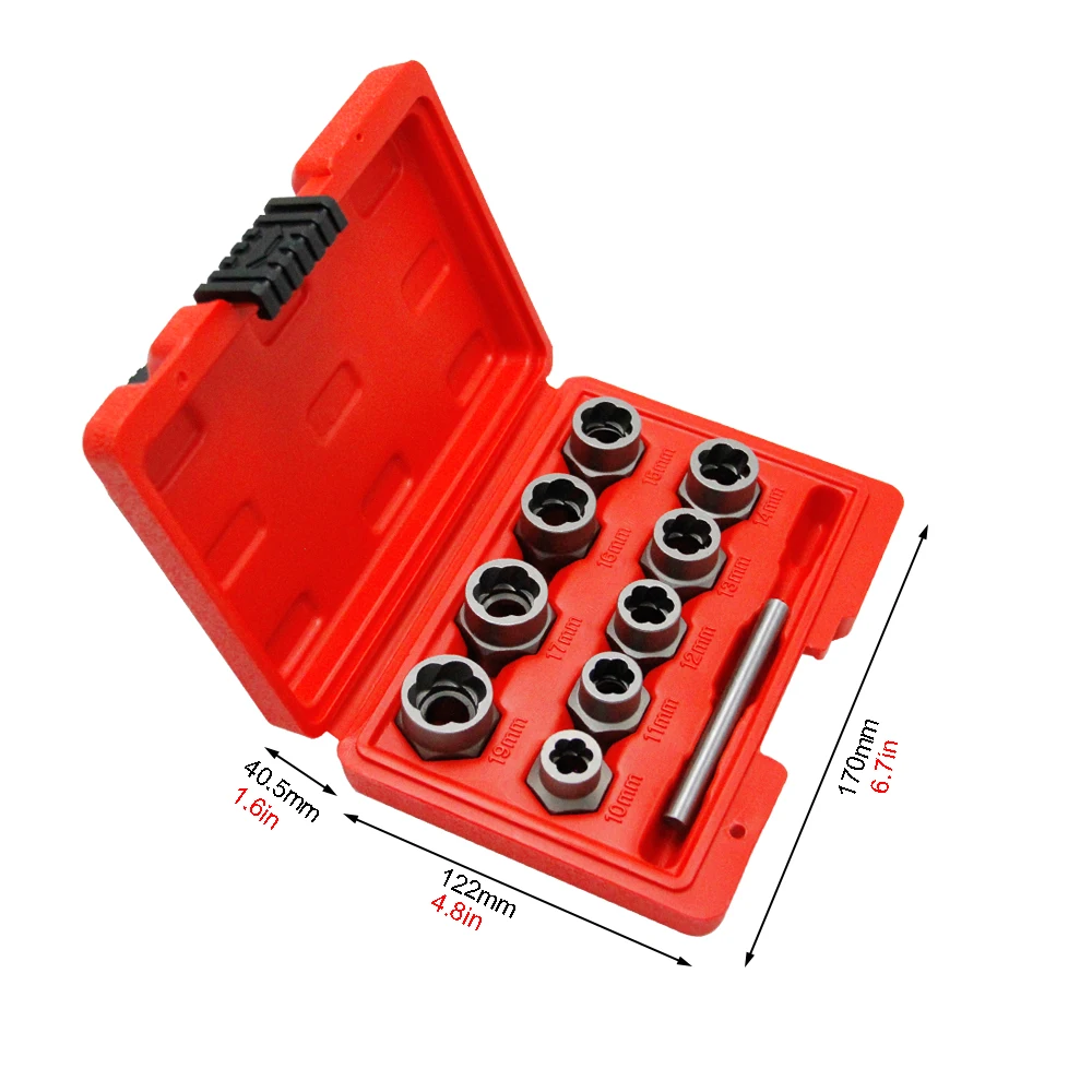 10pc Nut Extractor 1/2 Square Hole Air Cannon Electric Wrench Use Sliding Nut to Remove Red Box Tool Set