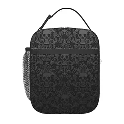 Vintage Halloween Black Victorian Gothic Skull Damask Insulated Lunch Bag Portable Waterproof Lunch Box Thermal Cooler Tote Bags