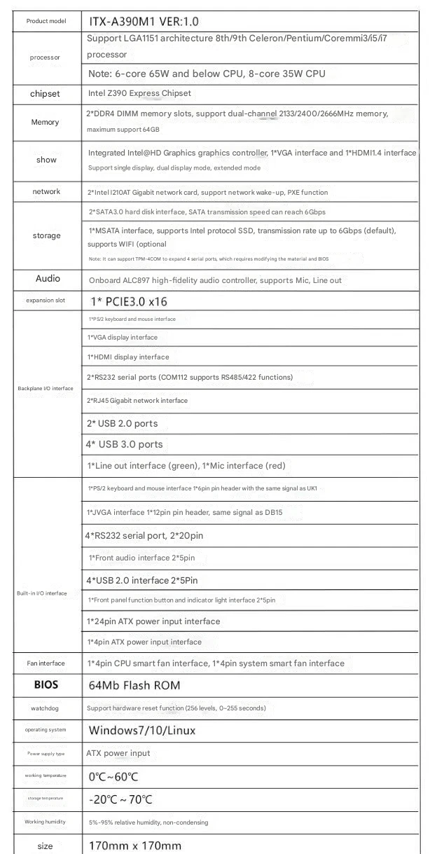 Z390 Scheda Madre Mini-ITX SBC IPC Scheda Madre Scheda Industriale Mini ITX Supporto 8/9th i3i5i7 LGA1151 CPU 6 * COM 2 * LAN i210 PS/2 VGA