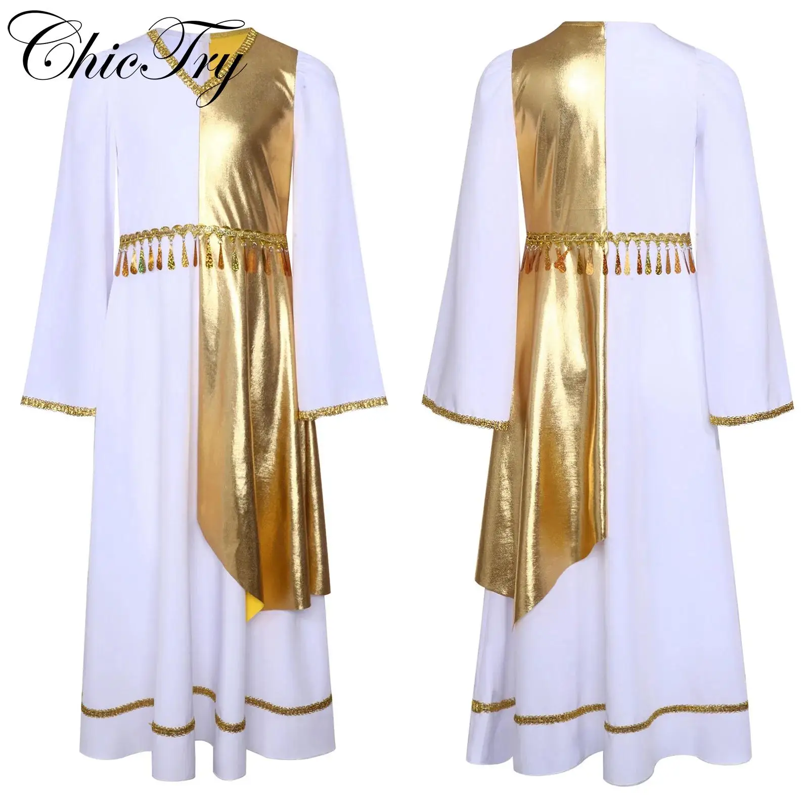 

Kids Girls Angel Costume Golden Woven Tape Trim Halloween Cosplay Dress Long Flared Sleeve Sequins Tassels Carnival Dress Up