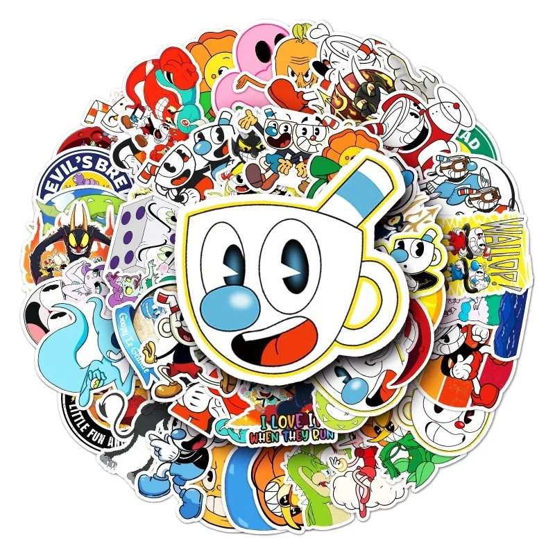 

Лидер продаж, 50 шт./упак., горячие игры, наклейки Cuphead Mugman для ноутбука, ноутбука, скейтборда, компьютера, багажа, наклейка, мультяшная наклейка