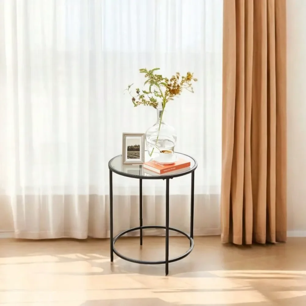

Круглый приставной столик, стеклянный журнальный столик с металлическим каркасом, черный кофейный столик в современном стиле, для гостиной, балкона, спальни