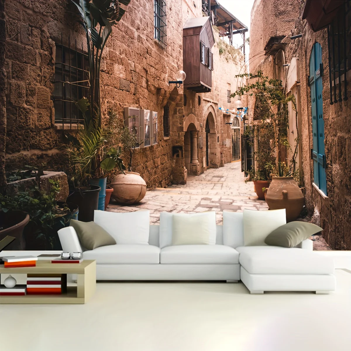 Jerusalem Old City Street Backdrop Retro Stone Houses Wall Flowerpots Background For Party Decorations Photography Background