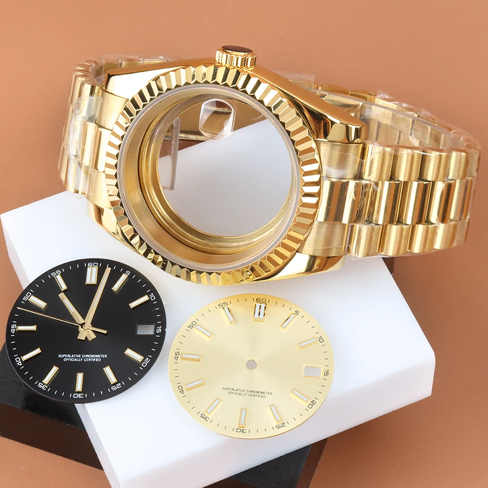 

36mm 39mm NH35 Gold Watch Case With 28.5mm Dial Hands blue Luminous Presidential Strap For NH35 NH36 Movement Sapphire Glass