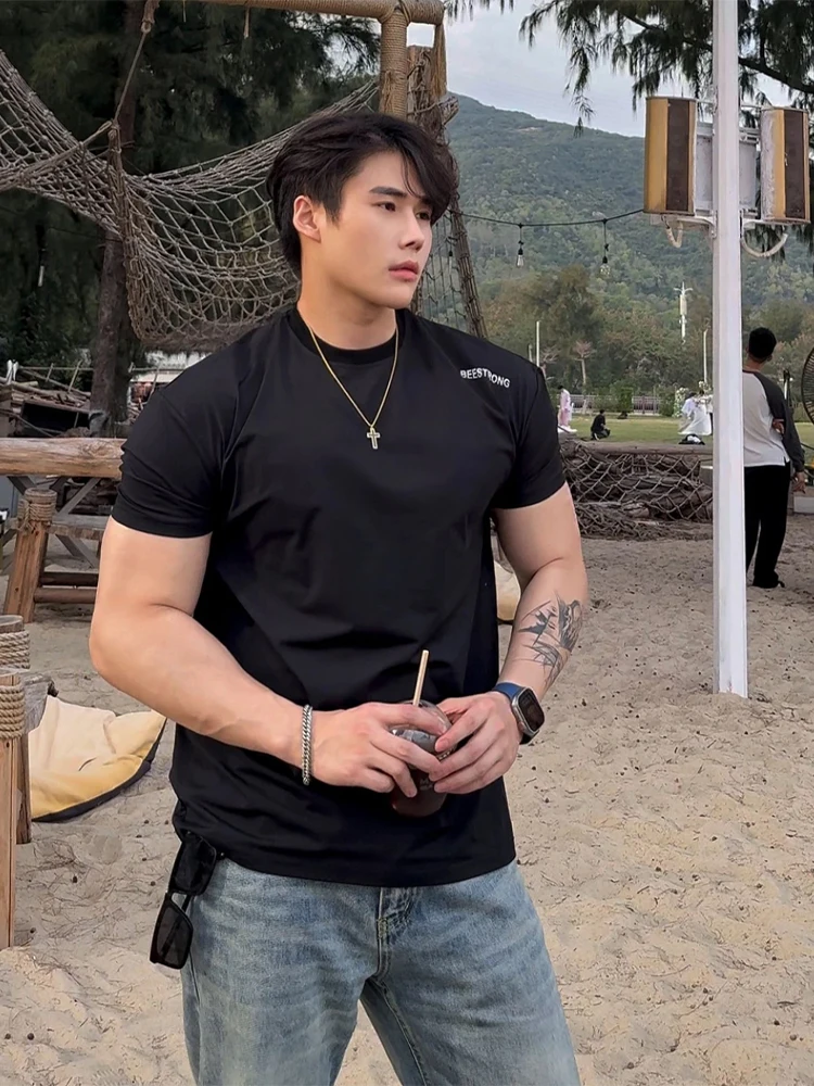 Sorona Cool Sensation ort Sve Men's T-irt Muscle Defn Cuff Gym Workout Slim Fit Elastic Tee Quarter Sve