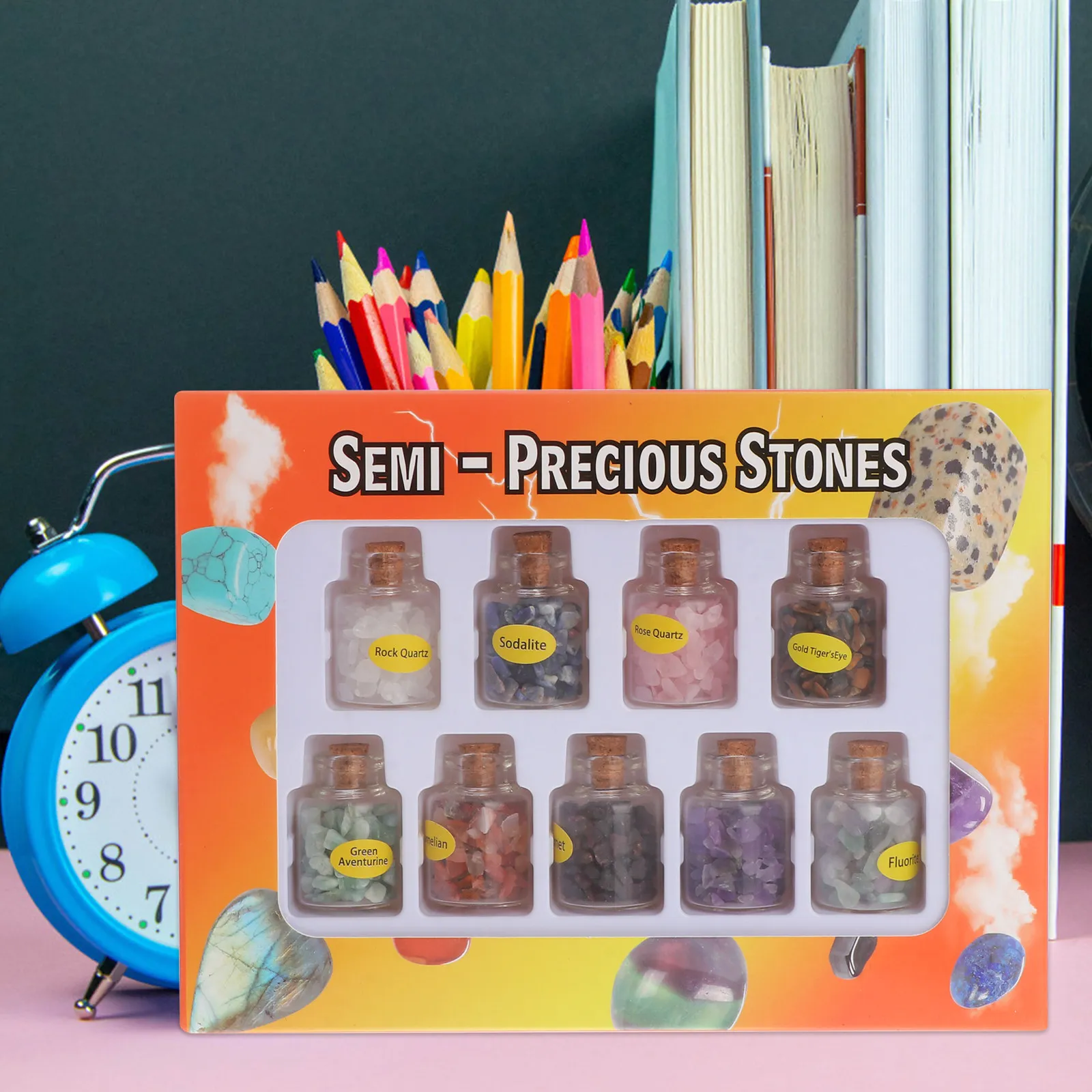 9Pcs Crystal Gemstone Wishing Bottle Set Unakite Tiger Eye Snowflake Obsidian for Wicca Home Decoration
