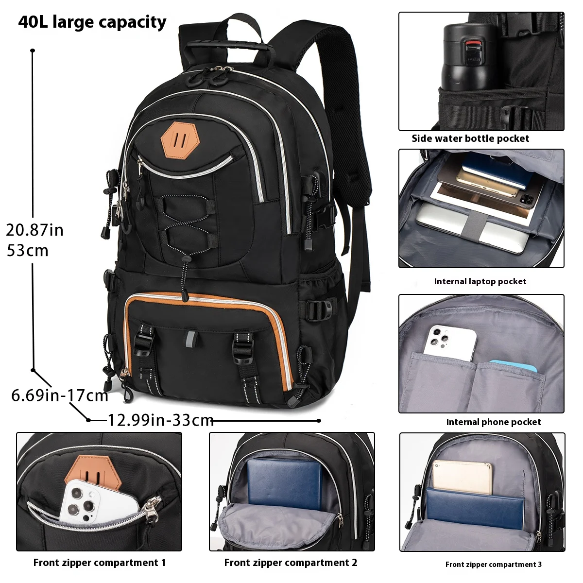 Hiking backpack, outdoor camping travel backpack, men's and women's 40L waterproof mountaineering bag, can hold a 17 inch laptop