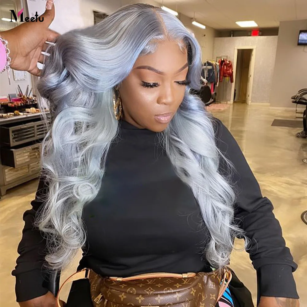 Meetu Silver Gray Body Wave Lace Front Wig 13x4 Lace Frontal Human Hair Wigs Transparent Brazilian Colored Human Hair For Women