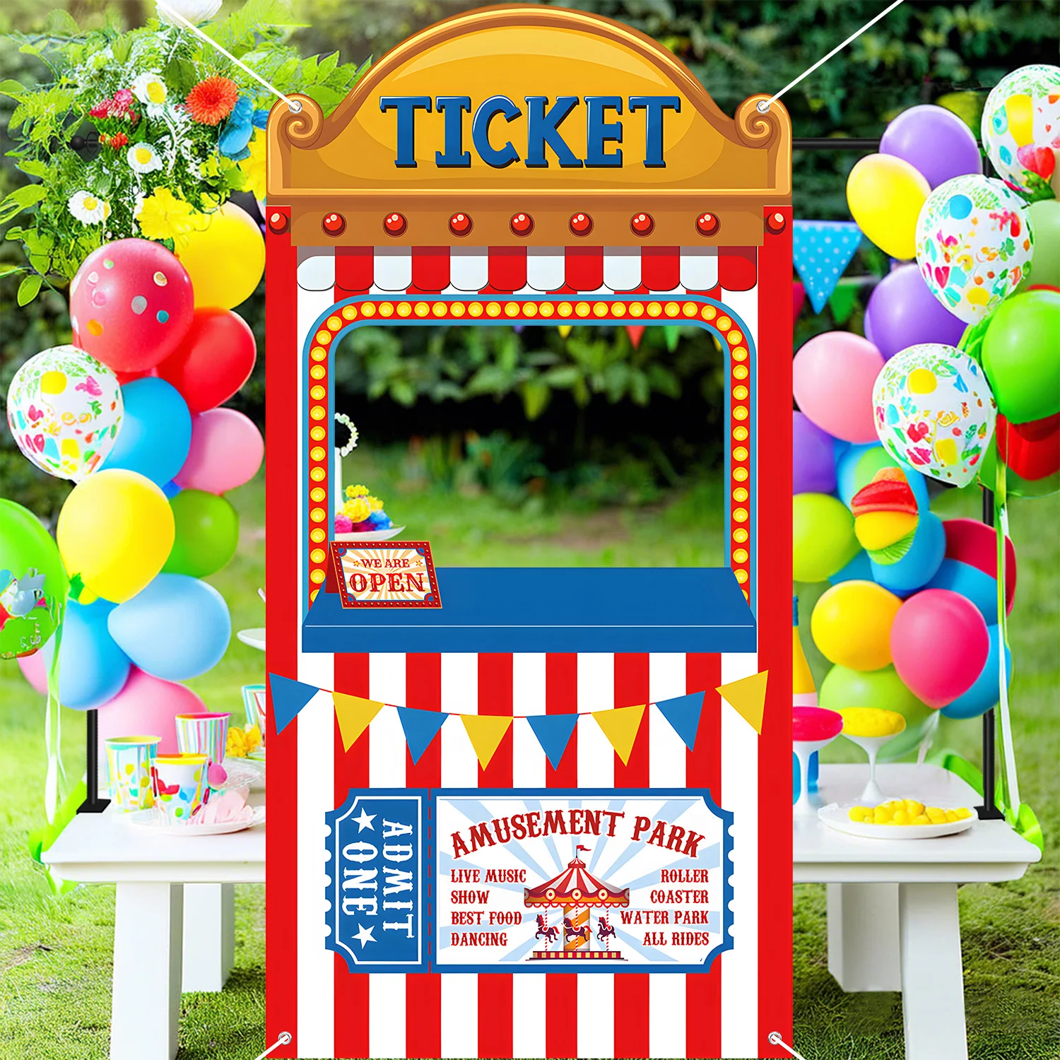 Decoraciones para fiesta de circo de carnaval, cabina de boletos, accesorios para fotomatón, telón de fondo, pancarta de cumpleaños de tela para eventos temáticos de circo