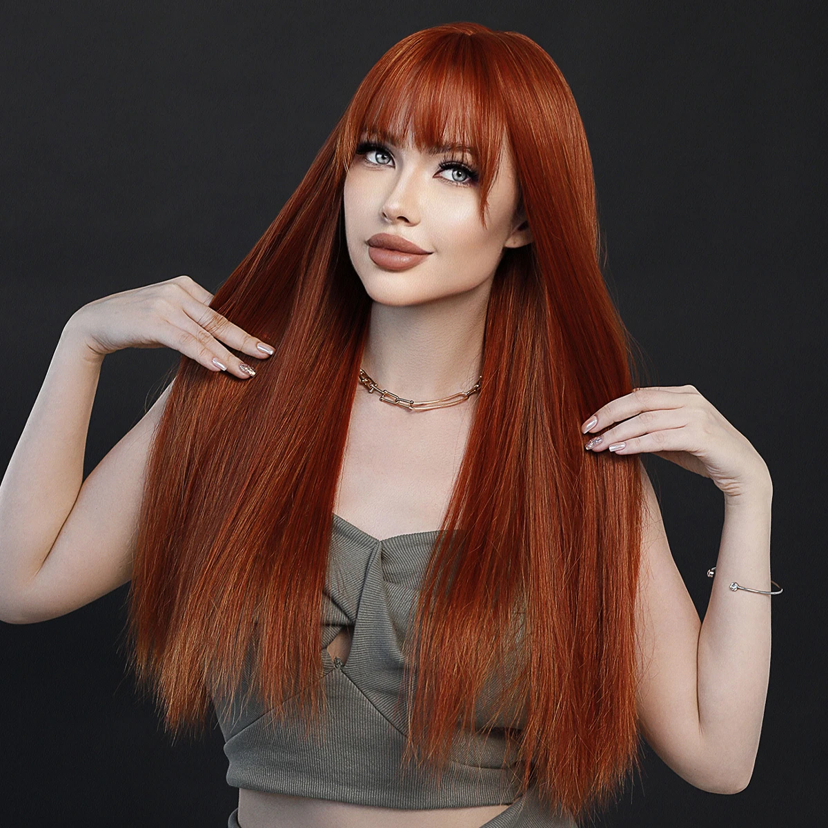 7JHH WIGS Long Straight Copper Wig for Women Daily Party Cosplay High Density Synthetic Layered Dark Orange Hair Wigs with Bangs