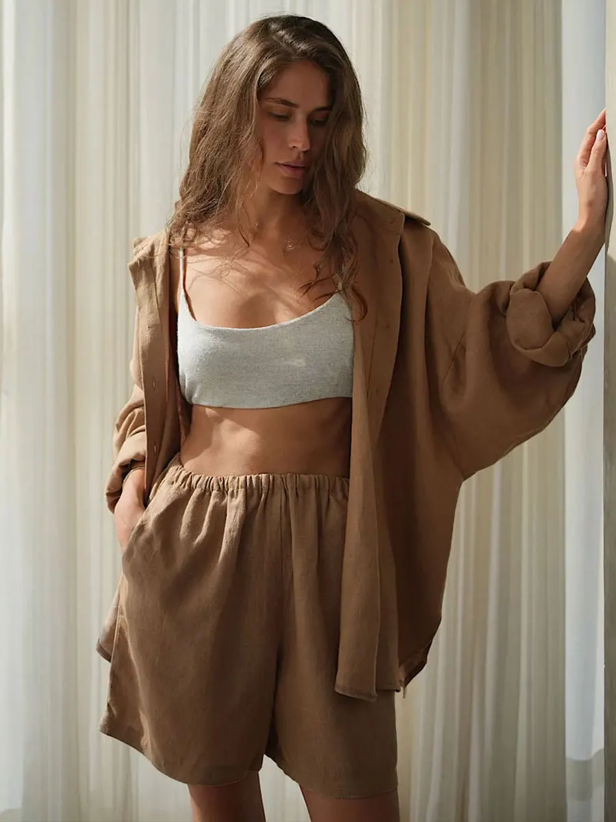

Casual Shorts Suit 100%pure Cotton 2-piece Set Comfortable Fashionable Lapel Lantern Sleeve Shirt Suit Elastic Waist Shorts Suit