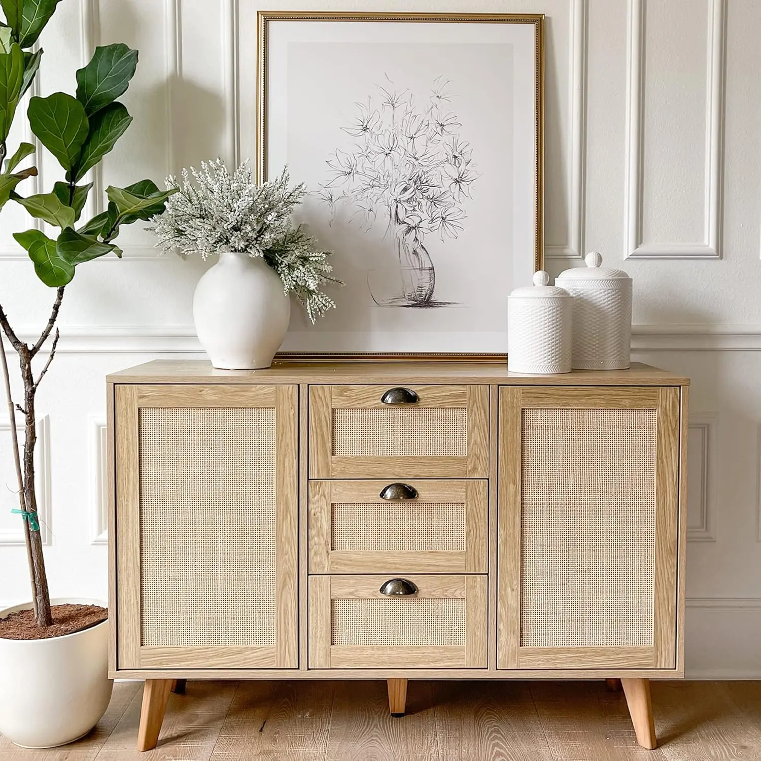 Rattan Cabinet - Sideboard Buffet Cabinet/Accent Cabinet with Doors and Drawers, Rattan Console Table