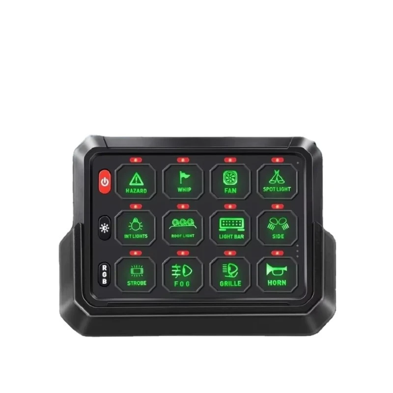 12V RGB wireless relay box with 12-group switch panel with gated pulse mode and 5 adjustable brightness levels