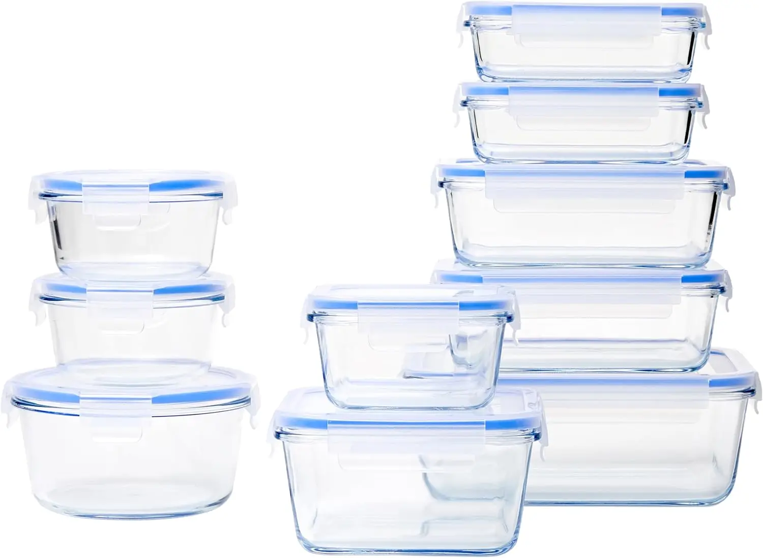 

20-Piece Glass Food Storage Containers, 10 Count of Bases and Plastic Lids, Transparent, Blue