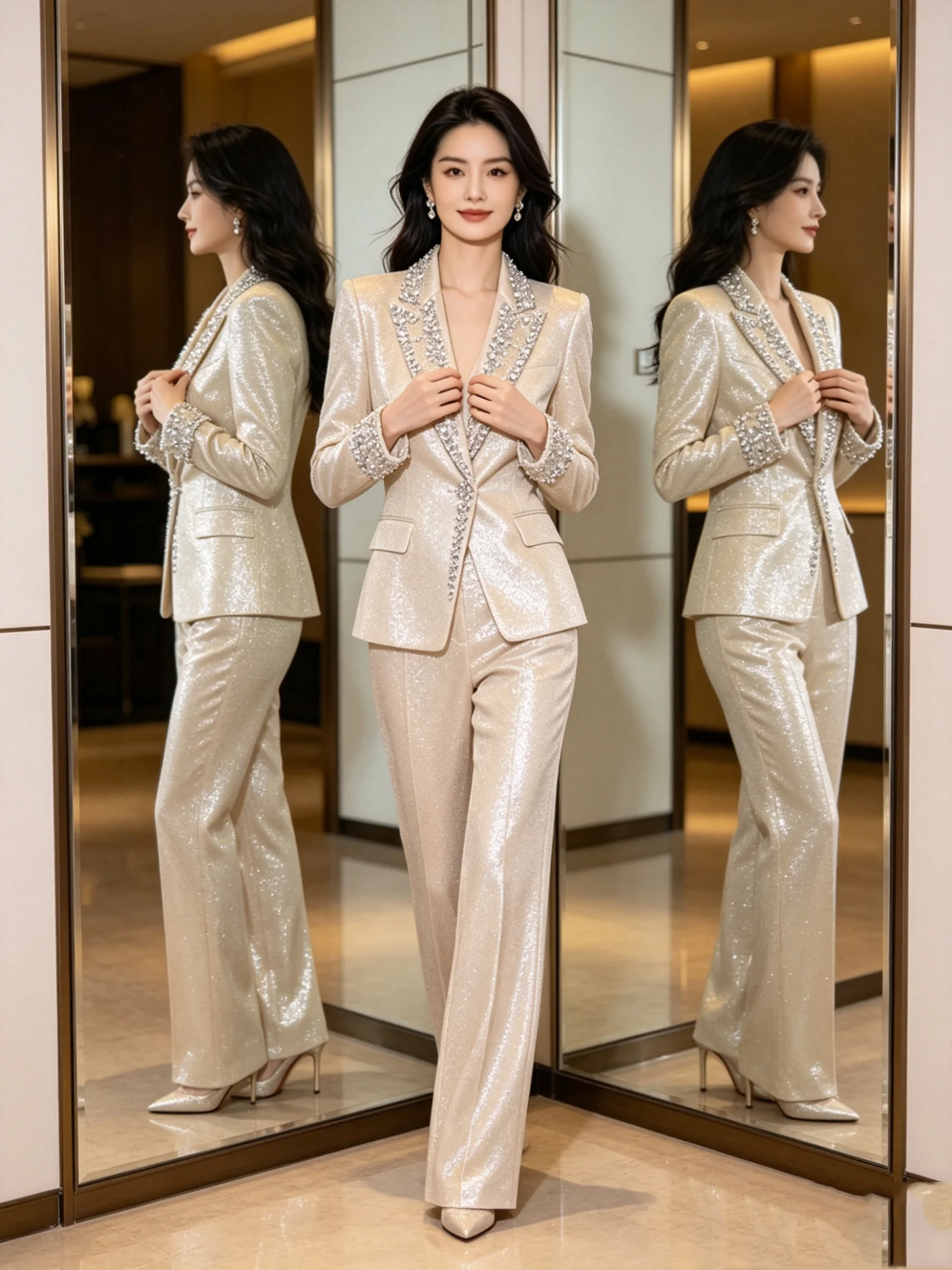 

Luxury Crystals Beige Women Suit Set 2 Pcs Blazer+Pants Spring Formal Office Lady Jacket Customized Wedding Guest Coat