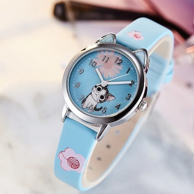 Jam tangan anak pola kucing keju lucu jam tangan Quartz Analog untuk wanita hadiah pelajar jam jam tangan anak-anak